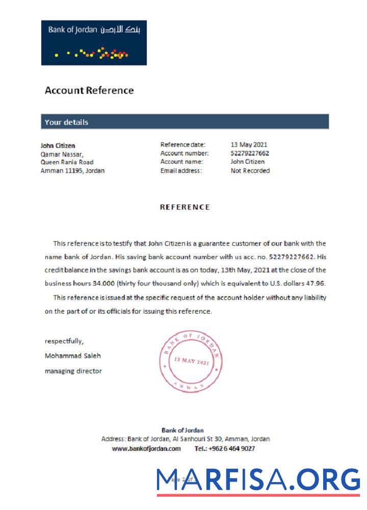 Blank Jordan bank of Jordan reference example